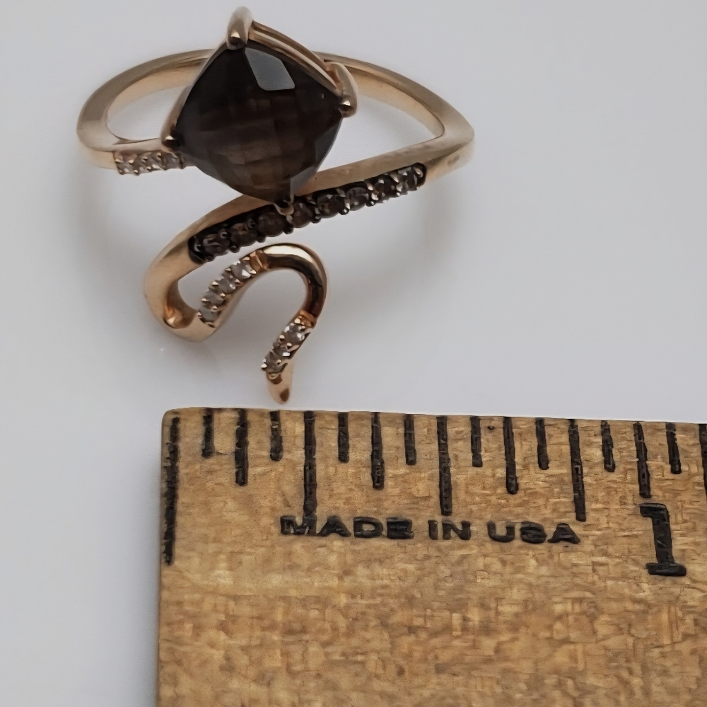 LeVian solid 14k genuine STRAWBERY GOLD/white diamonds/chocolate quartz ring - Picture 3 of 6